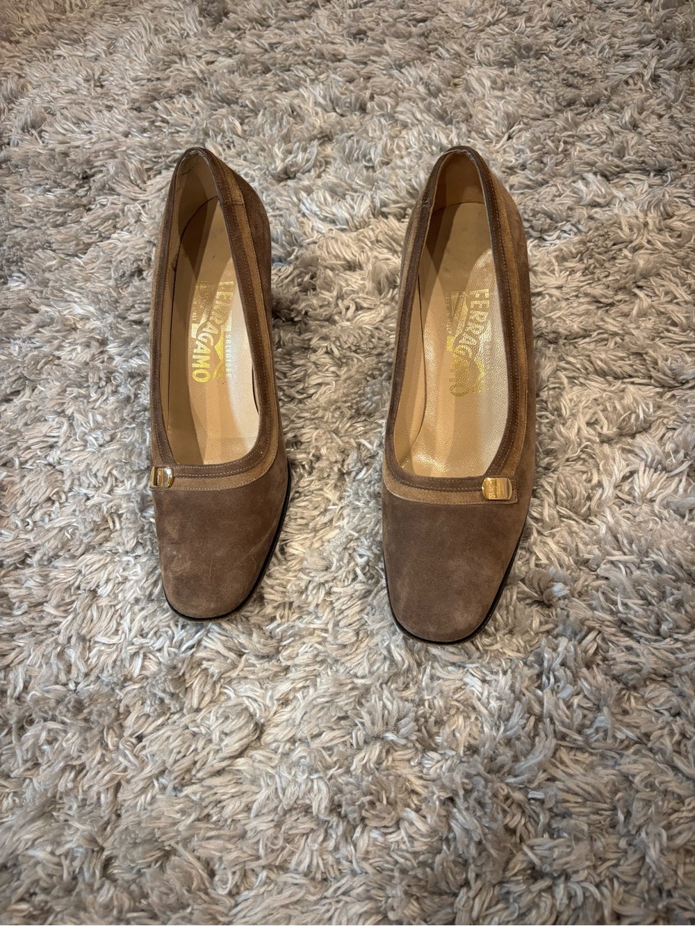 Vintage Salvatore Ferragamo Brown Suede Pumps with Gold Accent